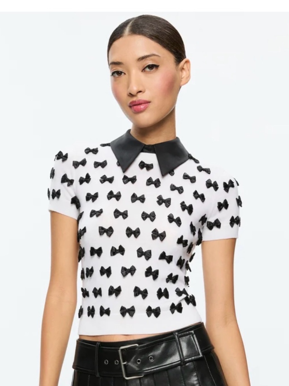 Alice + Olivia White Short-Sleeve Sweater with Black Bow Embellishments